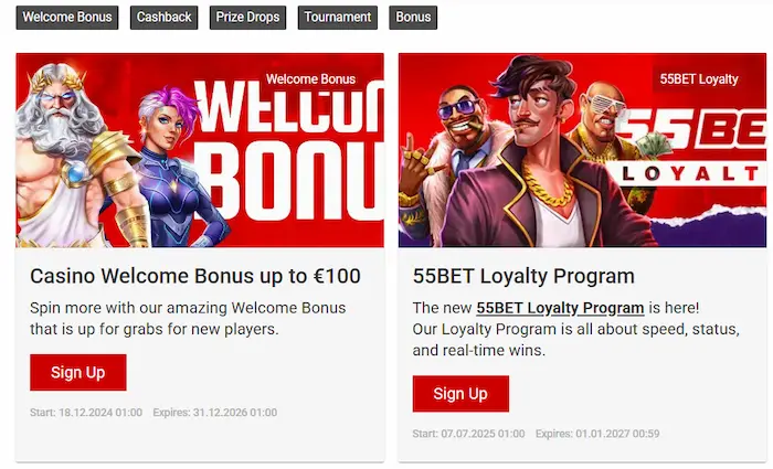 55Bet Casino bonuses